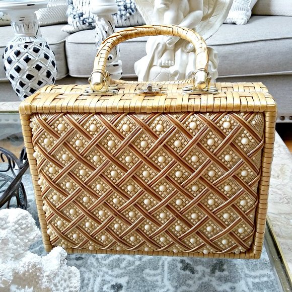 Vintage Handbags - VINTAGE 1950's FAUX Rattan BOX Handbag OH LaLa